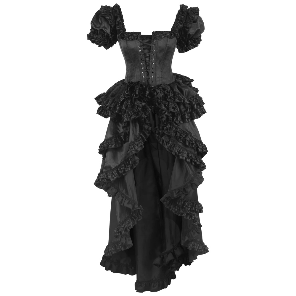 Attitude Corsets - Shalaya Rococo Satin Frill Langes Korsett Kleid - Elfenbeinfarben